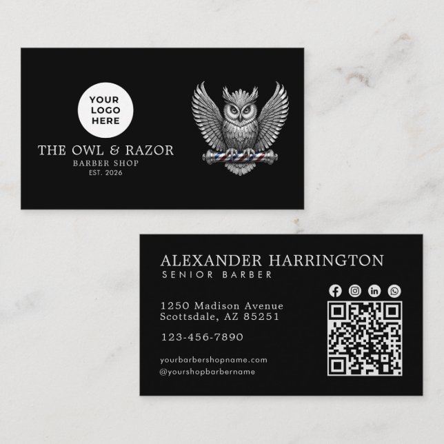 Carte De Visite Code QR du logo de la chouette argentée du salon d (Devant / Derrière)