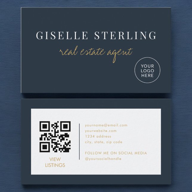 Carte De Visite Code QR du logo de l'agent immobilier bleu marine (Créateur téléchargé)