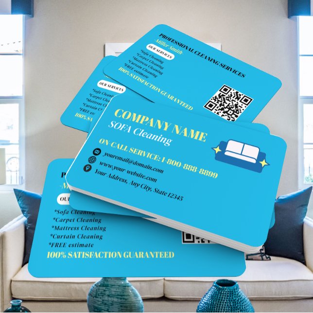 Carte De Visite Code QR du logo de nettoyage de canapé professionn (Créateur téléchargé)