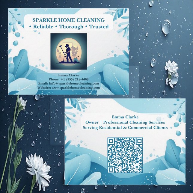Carte De Visite Code QR du logo des services de nettoyage professi (Professional Home Cleaning Services Logo QR Code Business Card)