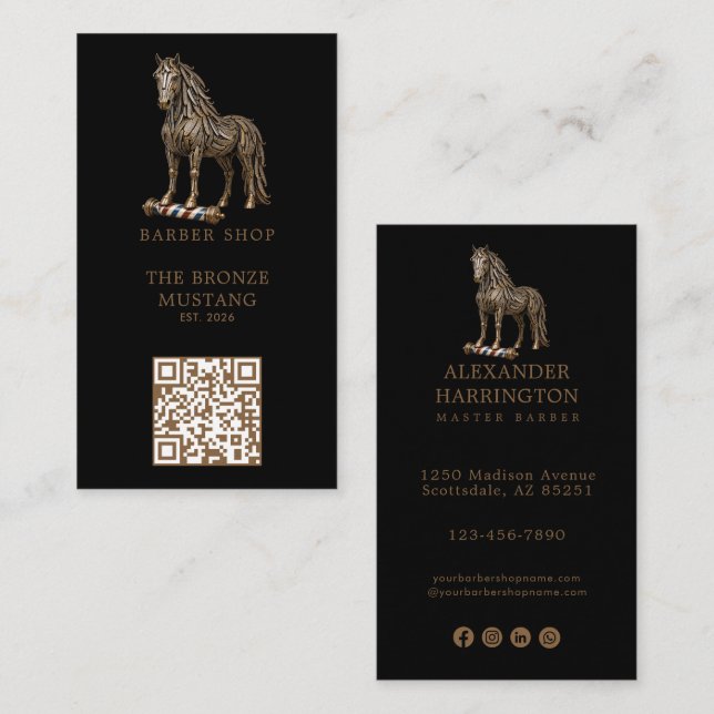 Carte De Visite Code QR du logo du salon de coiffure Modern Bronze (Devant / Derrière)