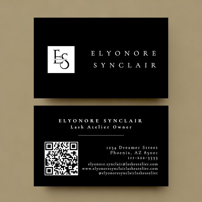 Carte De Visite Code QR du logo du Studio de Cils Script Noir Blan (Créateur téléchargé)