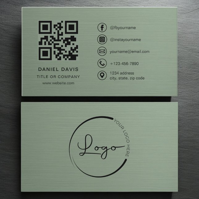 Carte De Visite Code QR du logo métallisé vert sauge de l'entrepri (Créateur téléchargé)