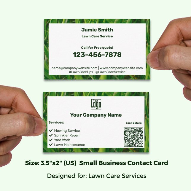 Carte De Visite Code QR du logo vert blanc du service d'entretien  (Lawn Care Service Green White Logo QR Code Business Card; Size: 3.5x2 Inch)