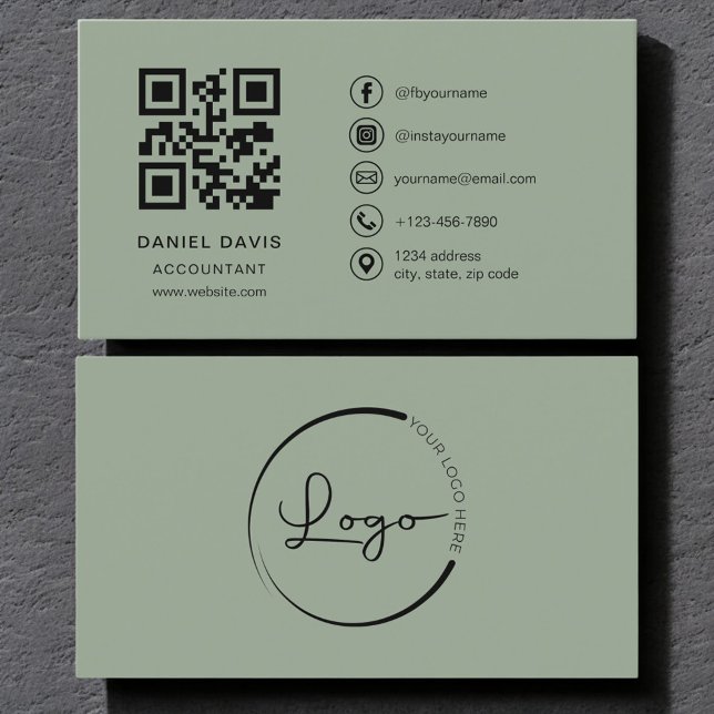 Carte De Visite Code QR du logo vert sauge comptable  (Créateur téléchargé)