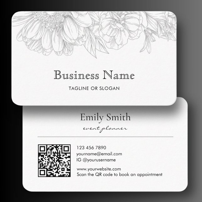 Carte De Visite Code QR du nom de l'entreprise d'art en ligne mini (Minimalist Flower Line Art Business Name QRCode Business Card)