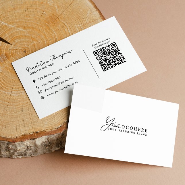 Carte De Visite Code QR du nom de script de logo propre profession (Créateur téléchargé)