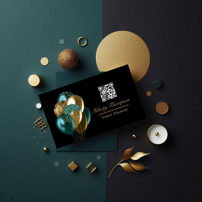 Carte De Visite Code QR du planificateur d'événement de ballons sa (Teal and Gold Balloons Event Planner QR Code Business Card)