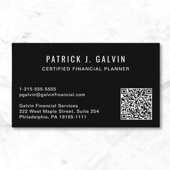 Carte De Visite Code QR du planificateur financier CFP noir (CFP Certified Financial Planner QR Code Photo Business Card)