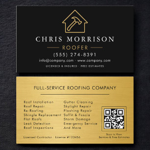 Carte De Visite Code QR du professionnel de la toiture Noir Or