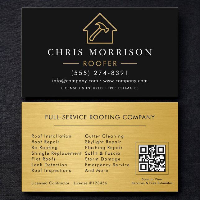 Carte De Visite Code QR du professionnel de la toiture Noir Or (Créateur téléchargé)