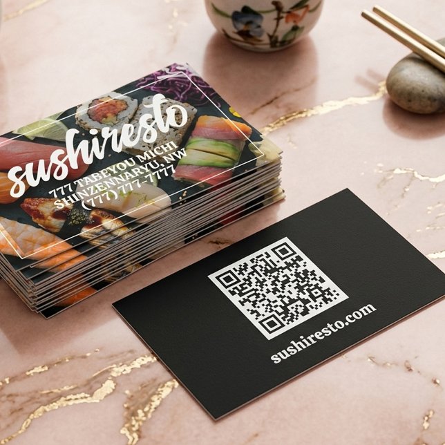 Carte De Visite Code QR du restaurant asiatique de photo élégante (Elegant Photo Asian Restaurant QR Code Business Card)