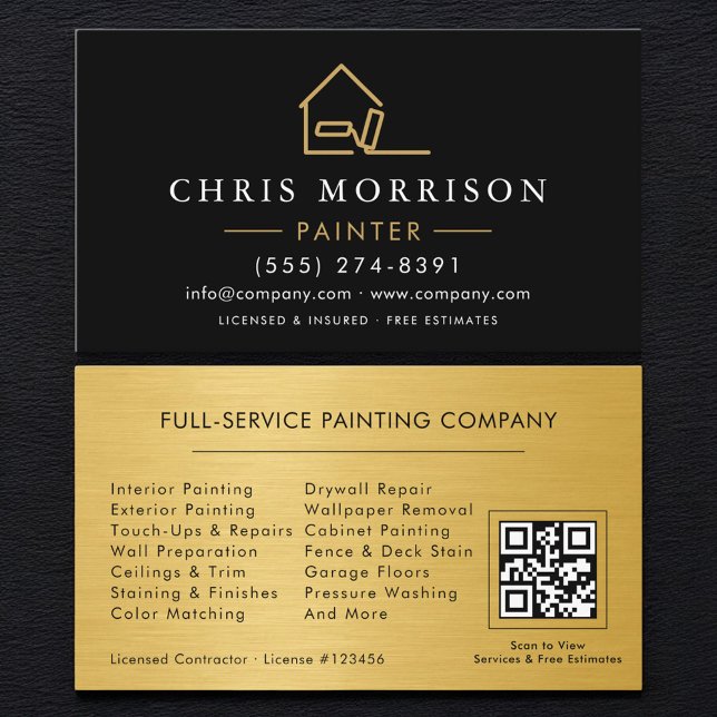 Carte De Visite Code QR du rouleau d'or pour peintre en bâtiment (Créateur téléchargé)