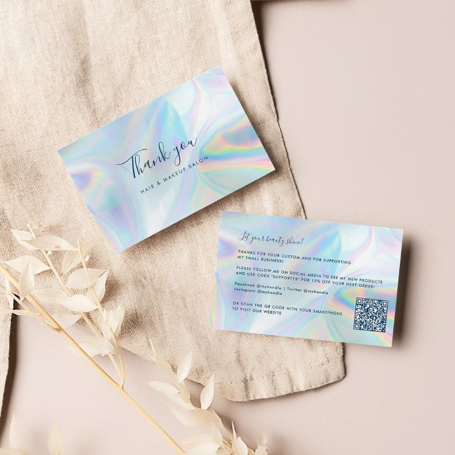 Carte De Visite Code QR du salon de beauté holographique Merci (Business Thank You Card with Custom QR Code)