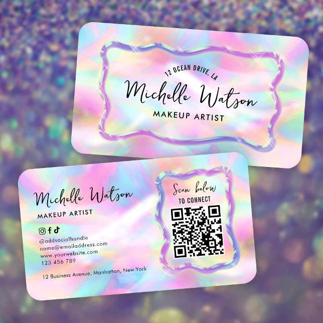 Carte De Visite Code QR du salon de beauté holographique néon irid (Neon effect business cards with custom QR code, trendy fonts and holographic style background)