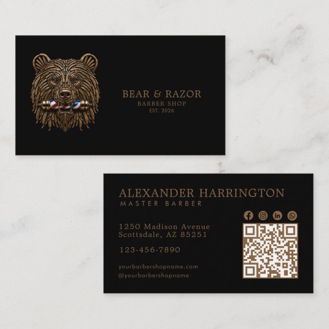 Carte De Visite Code Qr du Salon de Coiffure Bronze Bear Professio (Devant / Derrière)