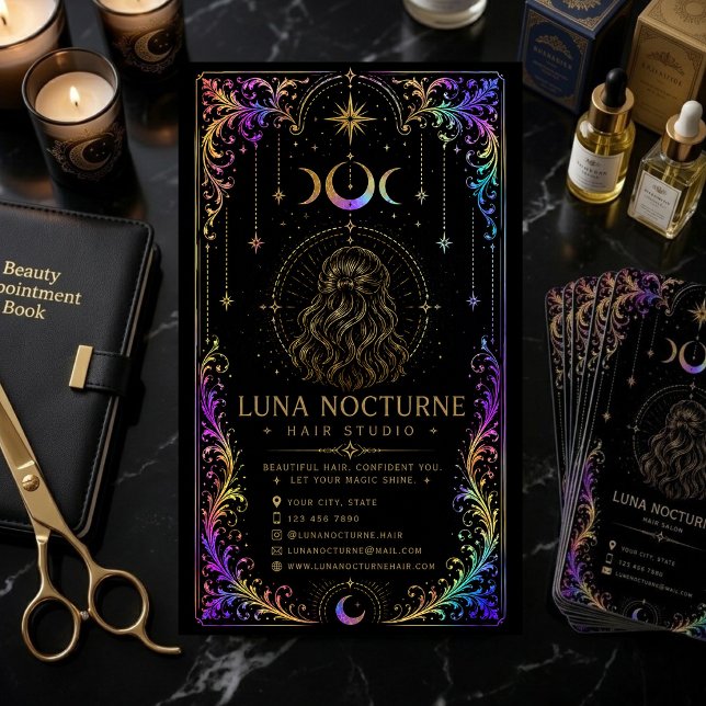 Carte De Visite Code QR du Salon de Coiffure Céleste Luxueux Lune  (Créateur téléchargé)