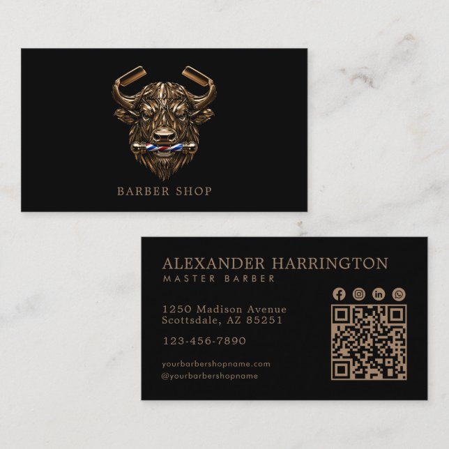 Carte De Visite Code Qr du Salon de Coiffure Élégant Bronze Buffal (Devant / Derrière)