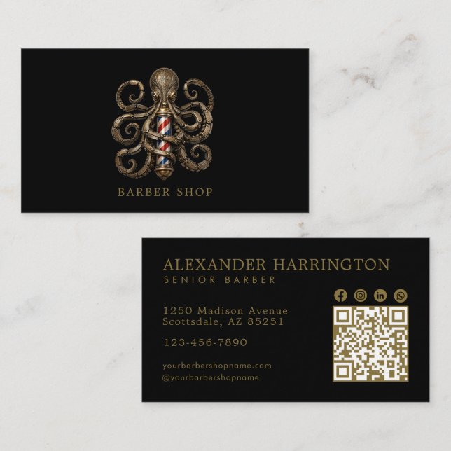 Carte De Visite Code QR du salon de coiffure élégant Bronzé Pieuvr (Devant / Derrière)