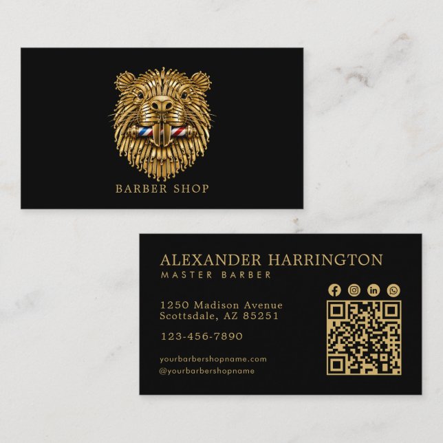 Carte De Visite Code QR du salon de coiffure Elegant Golden Beaver (Devant / Derrière)