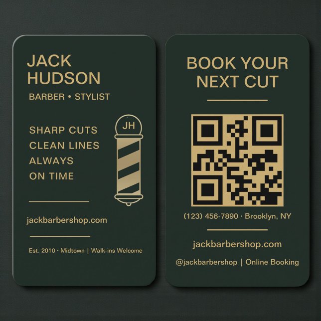 Carte De Visite Code QR du salon de coiffure Green Gold Barber (Créateur téléchargé)