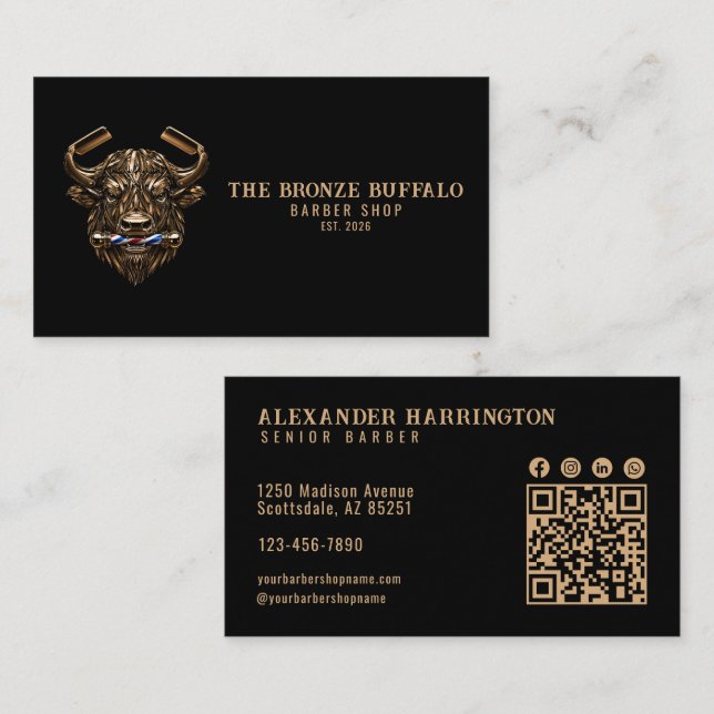 Carte De Visite Code QR du salon de coiffure Modern Barber Bronze  (Devant / Derrière)