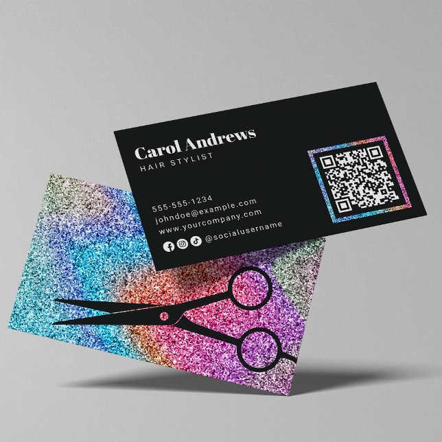 Carte De Visite Code QR du salon de coiffure noir Modern Sparkle (Créateur téléchargé)