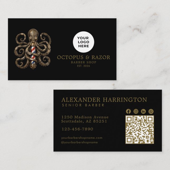 Carte De Visite Code Qr du Salon de Coiffure Professionnel Pieuvre (Devant / Derrière)