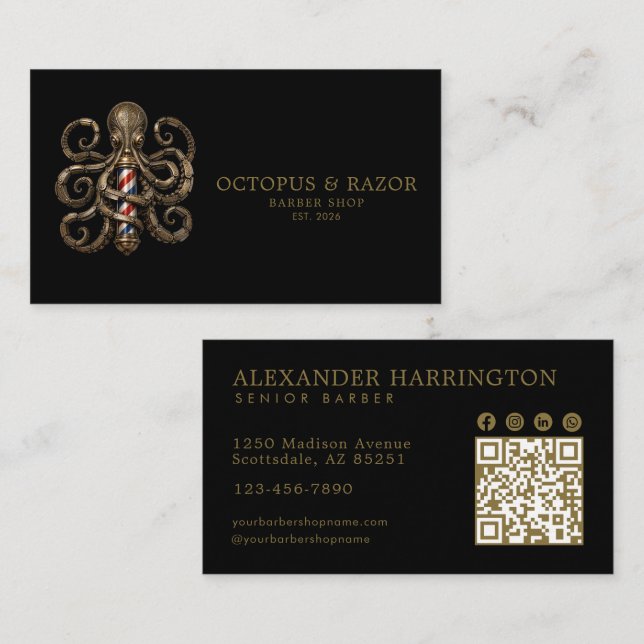 Carte De Visite Code Qr du Salon de Coiffure Professionnel Pieuvre (Devant / Derrière)