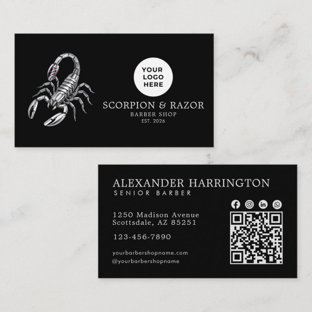 Carte De Visite Code Qr du Salon de Coiffure Professionnel Scorpio (Devant / Derrière)
