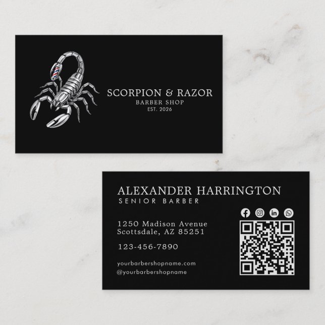 Carte De Visite Code Qr du Salon de Coiffure Professionnel Scorpio (Devant / Derrière)