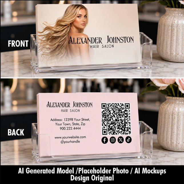 Carte De Visite Code QR du salon de coiffure Rose Blush sur les ré (Blush Pink Hair Salon QR Code Social Media Business Card)