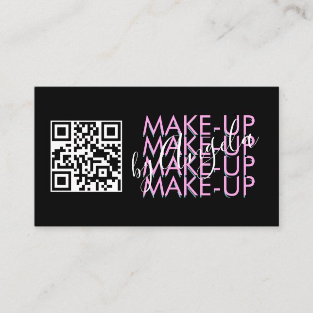Carte De Visite Code QR du Salon de Maquillage Rose Noir Script  (Devant)