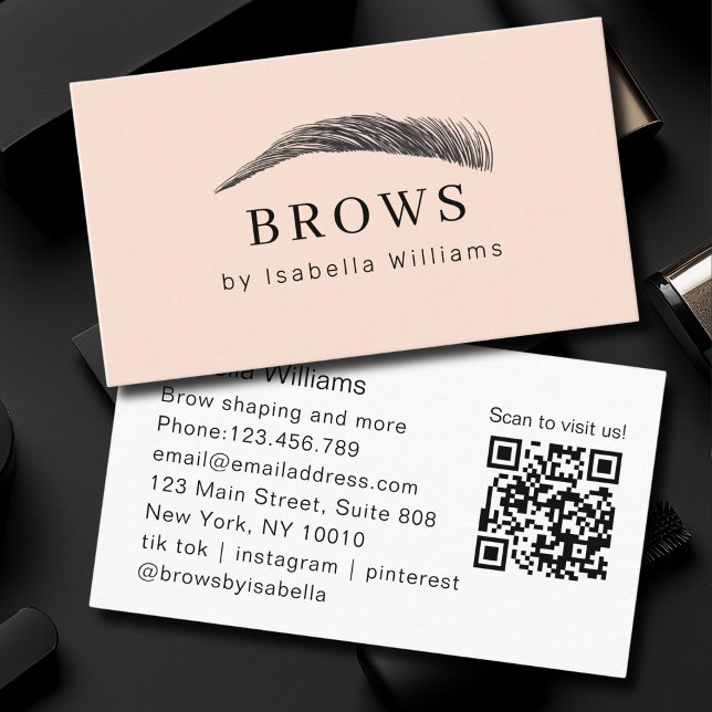 Carte De Visite Code QR du salon de sourcils élégant minimal (Minimal Elegant Eyebrow Salon QR-Code Business Card)