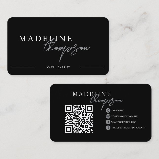 Carte De Visite Code QR du script de calligraphie en argent noir (Devant / Derrière)