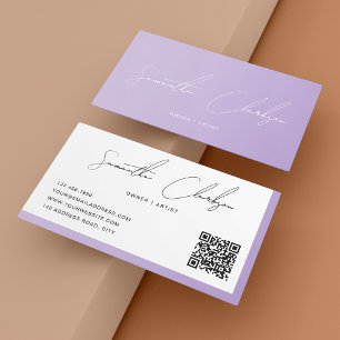 Carte De Visite Code QR du script manuscrit Blush Purple Simple