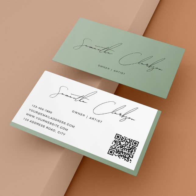 Carte De Visite Code QR du script manuscrit simple Sage Green (Créateur téléchargé)
