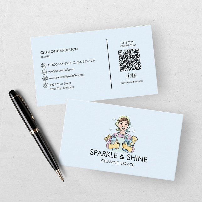 Carte De Visite Code QR du service de nettoyage Blue Maid House (Créateur téléchargé)