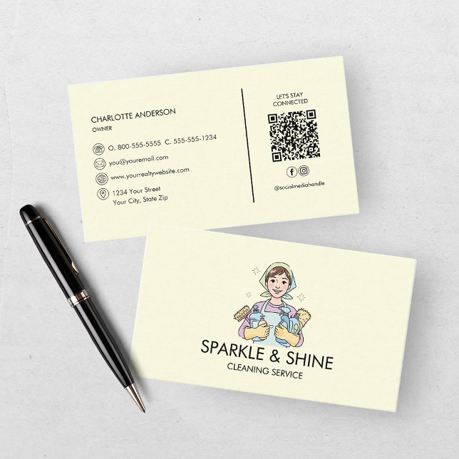 Carte De Visite Code QR du service de nettoyage de maison jaune (Créateur téléchargé)