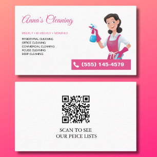 Carte De Visite Code QR du service de nettoyage de maison rose mod