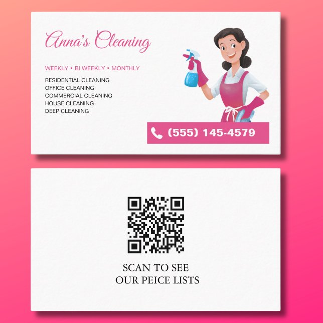 Carte De Visite Code QR du service de nettoyage de maison rose mod (Créateur téléchargé)