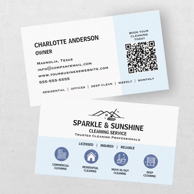 Carte De Visite Code QR du service de nettoyage moderne bleu pour  (Créateur téléchargé)