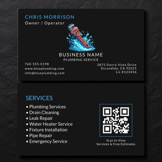 Carte De Visite Code QR du service de plomberie noir (Créateur téléchargé)