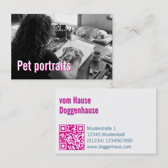 Carte De Visite Code QR du service de portraits d'animaux rose ble (Devant / Derrière)