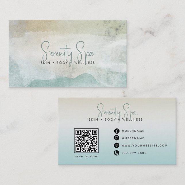 Carte De Visite Code QR du Spa Aquarelle Moderne (Devant / Derrière)