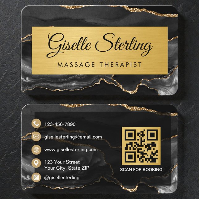 Carte De Visite Code QR du Spa & Massage Moderne en Agate Dorée (Créateur téléchargé)