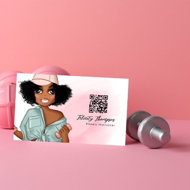 Carte De Visite Code QR d'une fille instructrice de fitness afro b (Créateur téléchargé)