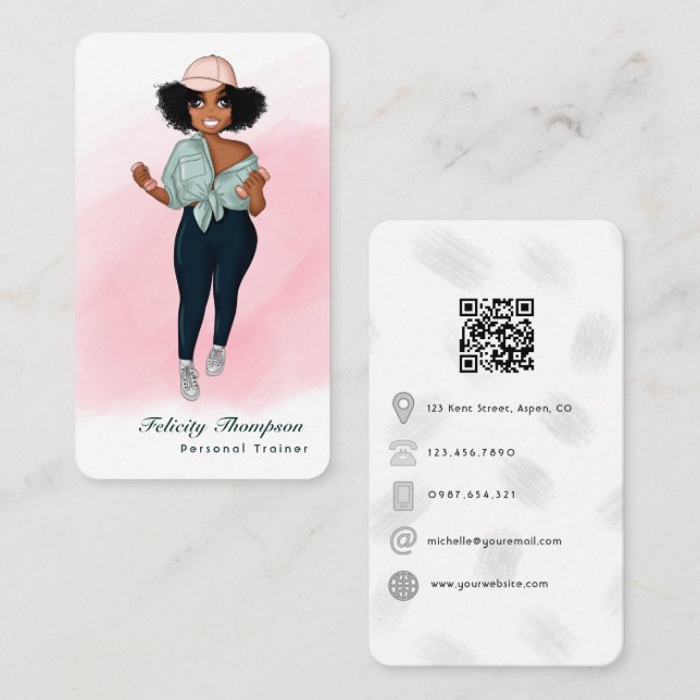 Carte De Visite Code QR d'une fille instructrice de fitness afro b (Devant / Derrière)