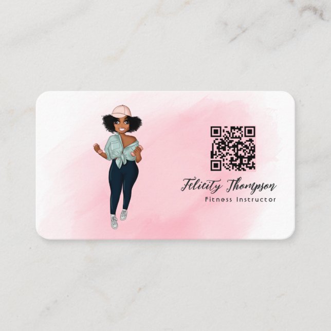 Carte De Visite Code QR d'une fille instructrice de fitness afro b (Devant)