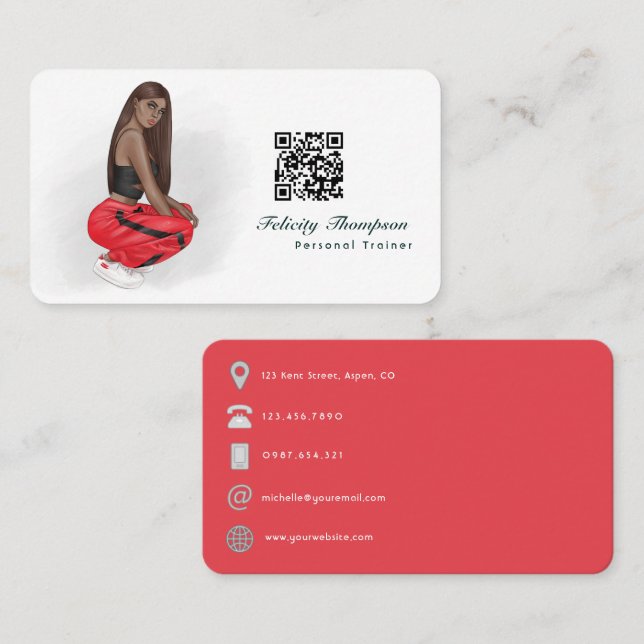 Carte De Visite Code QR d'une instructrice de fitness femme noire (Devant / Derrière)